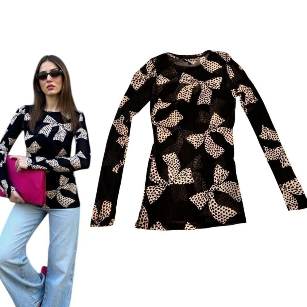 🎀‎ VINTAGE Karen Kane Mesh Bow Print Top M Made in USA EUC